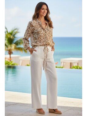 Michael Kors Womens Size Small Blouse Tie-Dye Button-Down Shirt Beige/White NEW